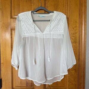 Maurices White Sheer V-Neck Blouse with Tassels and Beaded Design
